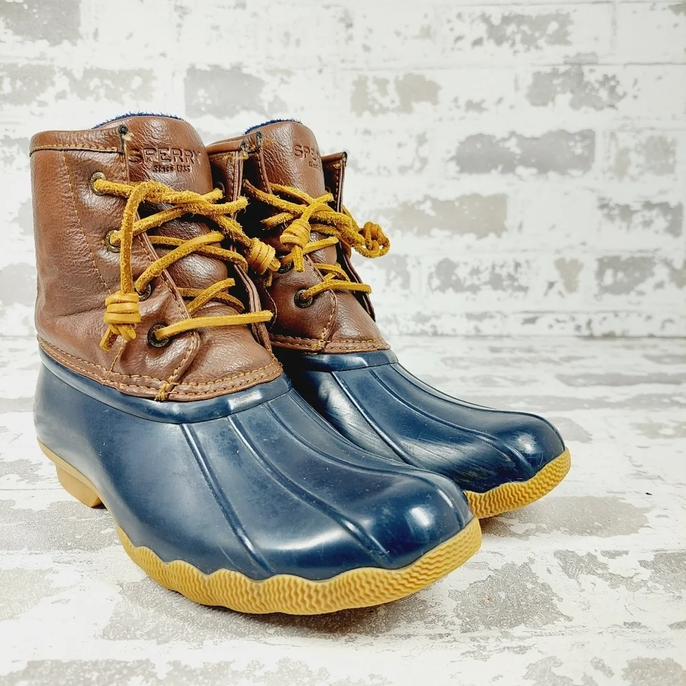 Sperry Saltwater Duck Rain Blue Brown Leather Lace Up Zipper Ankle Boots K338